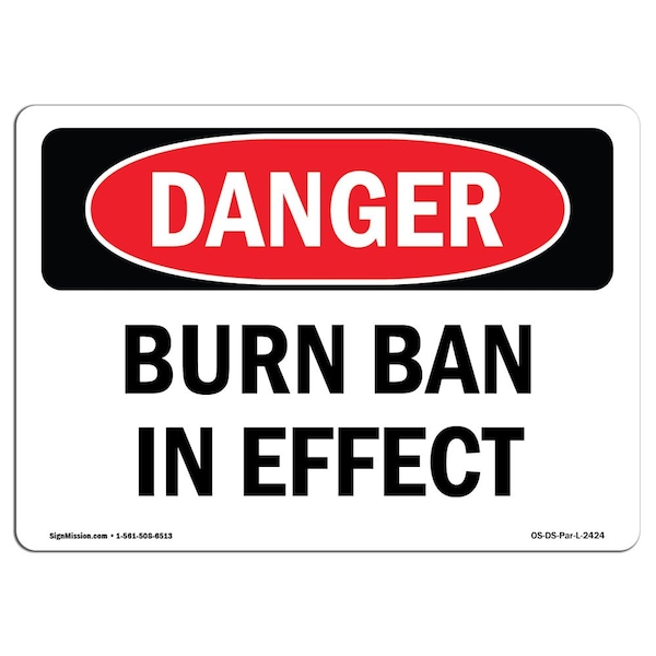 Safety Sign, OSHA Danger, 7" Height, Aluminum, Burn Ban In Effect, Landscape